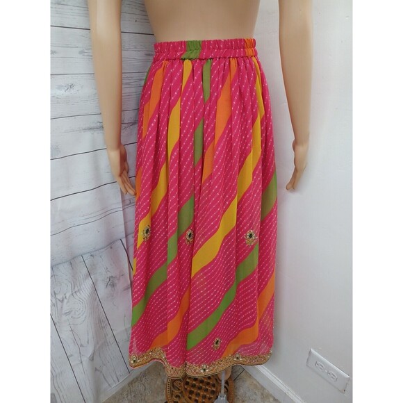 Lehenga Indian Pakistani Wedding Maxi Skirt Womens Pink Gold Polkodot XS - Picture 7 of 12